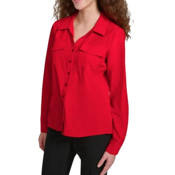 NEW Calvin Klein Jeans Stretch Blouse | Red - Picture 2 of 6